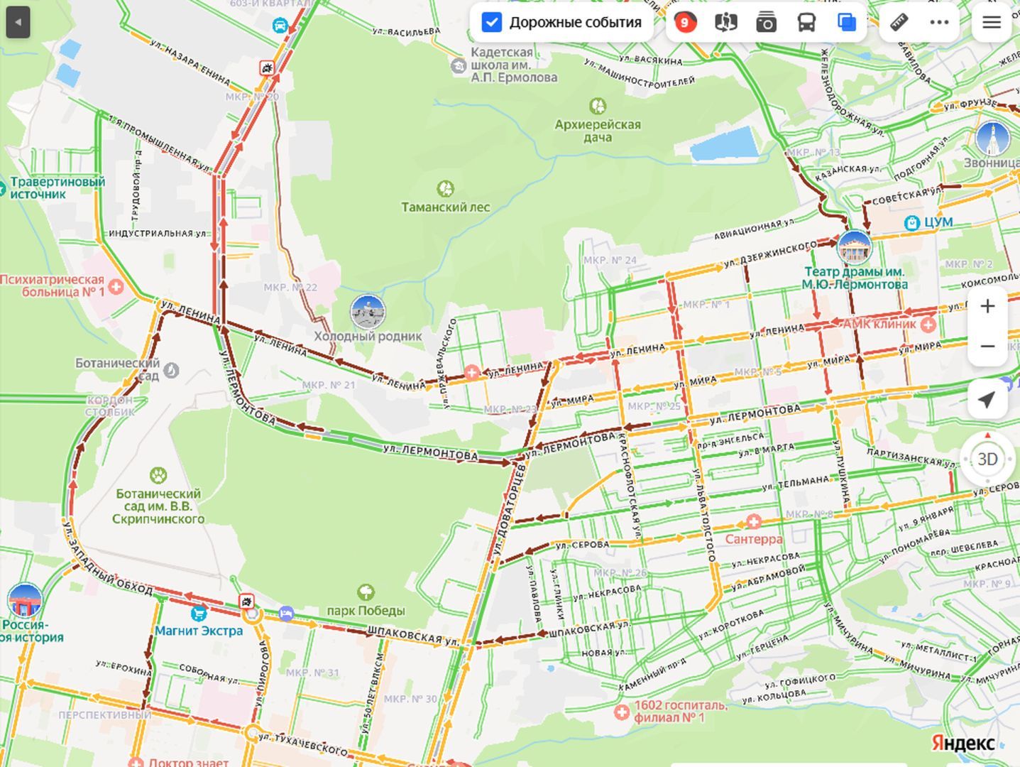Девятибалльные пробки сковали Ставрополь в четверг вечером