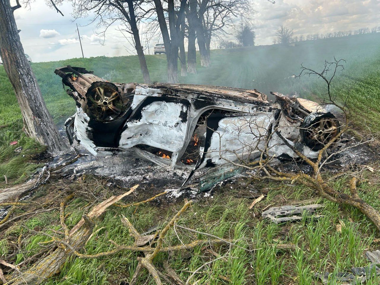 На Ставрополье автомобиль врезался в дерево и загорелся